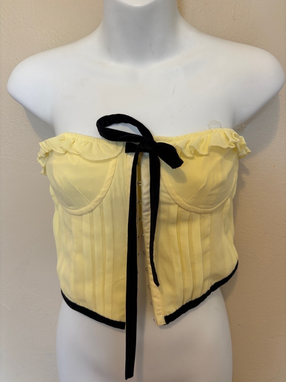 Strapless Yellow Bustier Crop Top with Black Trim